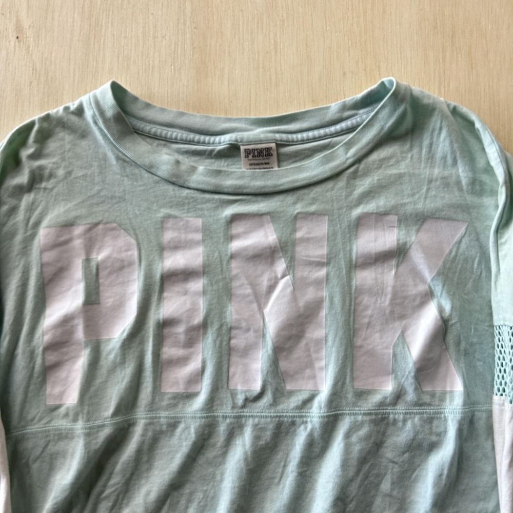 PINK Victoria's Secret Shirt Womens Small Green Mesh Colorblock Long Sleeve Top